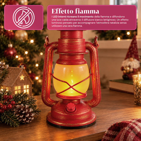 Lanterna Natalizia Rossa LED Effetto Fiamma con Musica di Natale, Gancio per Appendere e Rifiniture Dorate, Decorazione 15x11x25 cm