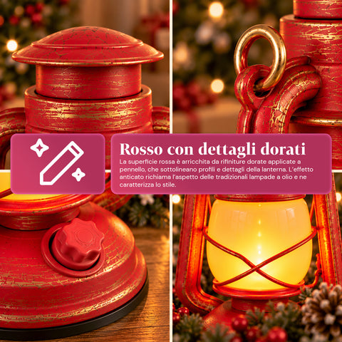 Lanterna Natalizia Rossa LED Effetto Fiamma con Musica di Natale, Gancio per Appendere e Rifiniture Dorate, Decorazione 15x11x25 cm