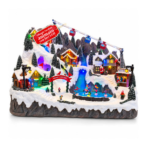 Villaggio di Natale Luminoso con Piste da Sci e Pattinaggio in Movimento, Luci LED e Musica – 56x37x42 cm