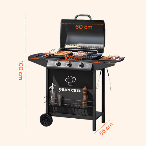 Barbecue A Gas A 3 Fuochi Thomas In Acciaio Nero Con Ruote