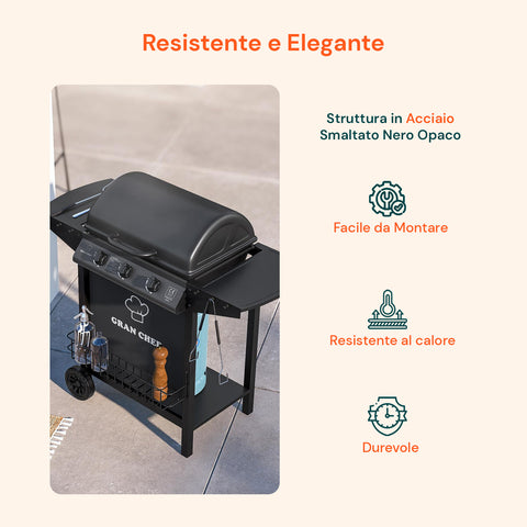 Barbecue A Gas A 3 Fuochi Thomas In Acciaio Nero Con Ruote
