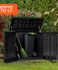 Contenitore da esterno con capacità 1270 litri per attrezzi e bidone spazzatura, perfetto per organizzazione giardino