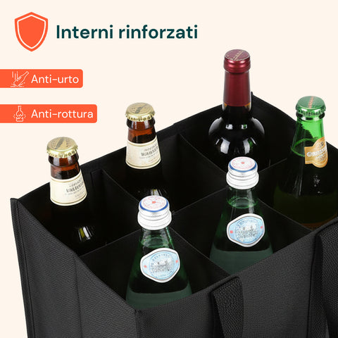 Set 3 Borse Porta Bottiglie 6 Scomparti – Tessuto Oxford Impermeabile