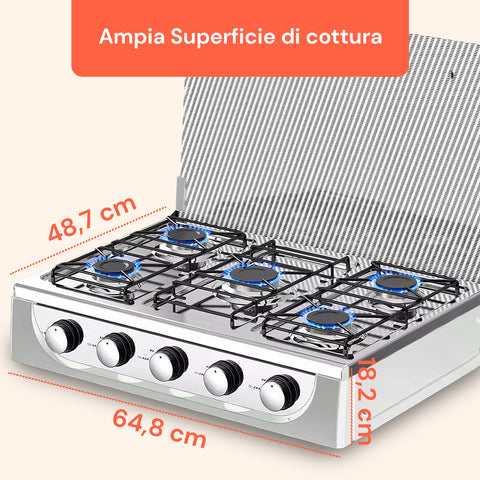 Piano cottura a gas Staylux con ampia superficie di cottura 64,8x48,7x8,2 cm, 5 fuochi con fiamme blu, design moderno
