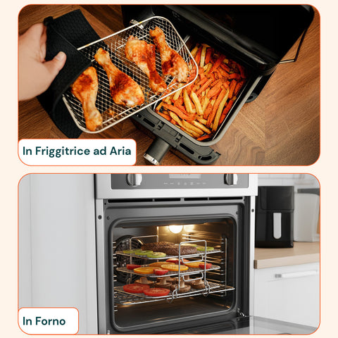Griglia Airfryer 3 Livelli Rotonda e Rettangolare in Acciaio Lavabile