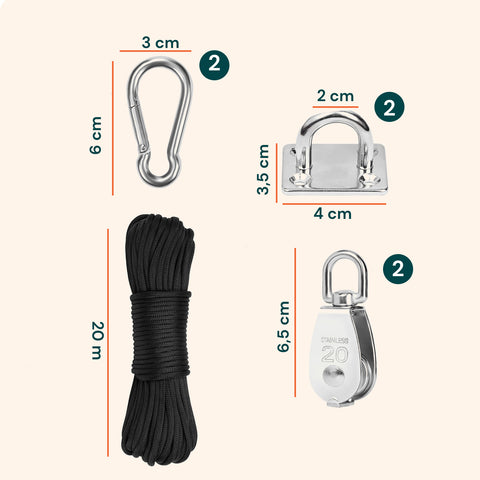 Kit Carrucola in Acciaio Inox con Fune 20 m – Resistente e Completo di Accessori