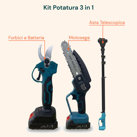 Kit 3 in 1 Potatura con Forbice, Motosega e Asta Telescopica a Batteria 88V