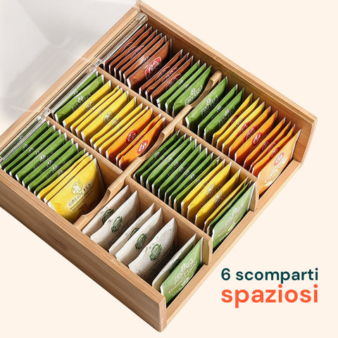 Porta Tisane e Tè in Bambù con 6 Scomparti Pratici