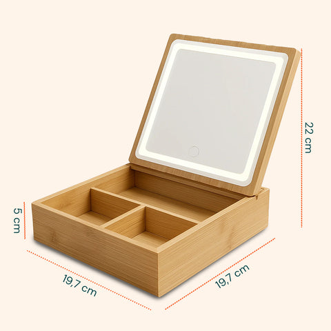 Organizer in Bambù con Specchio a LED – Portaoggetti 3 Scomparti 19.7x19.7x22 cm