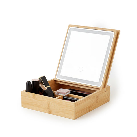 Bambusz rendszerező LED-es tükörrel – 3 rekeszes tároló, 19.7x19.7x22 cm