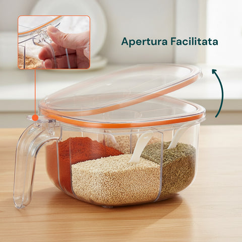 Organizer Spezie da Cucina 4 Scomparti con Coperchio e Cucchiaini