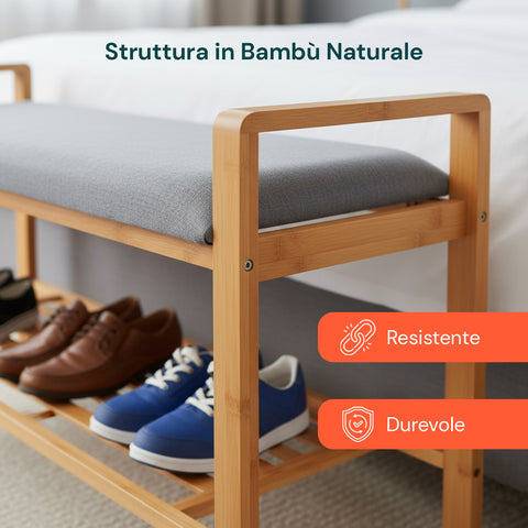 Panca Multifunzione in Bambù – Seduta con Ripiano Portascarpe