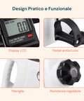 Design pratico e funzionale con display LCD, pedali antiscivolo, maniglia ergonomica e resistenza regolabile per allenamento personalizzato
