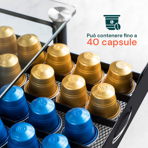Dispenser Capsule Vetro e Metallo per Caffè Nespresso da 40 Posti Design Moderno