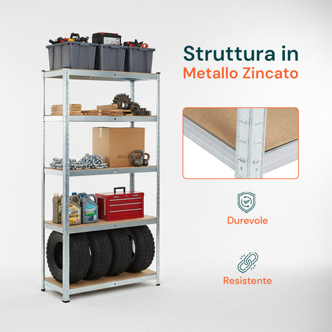 Scaffale 5 Ripiani Metallo Zincato E Mdf Effetto Legno Portata Totale 875kg