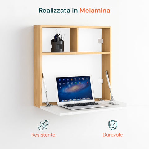 Scrivania da Parete con Ripiano Ribaltabile e 2 Scaffali Integrati 63x15x63cm