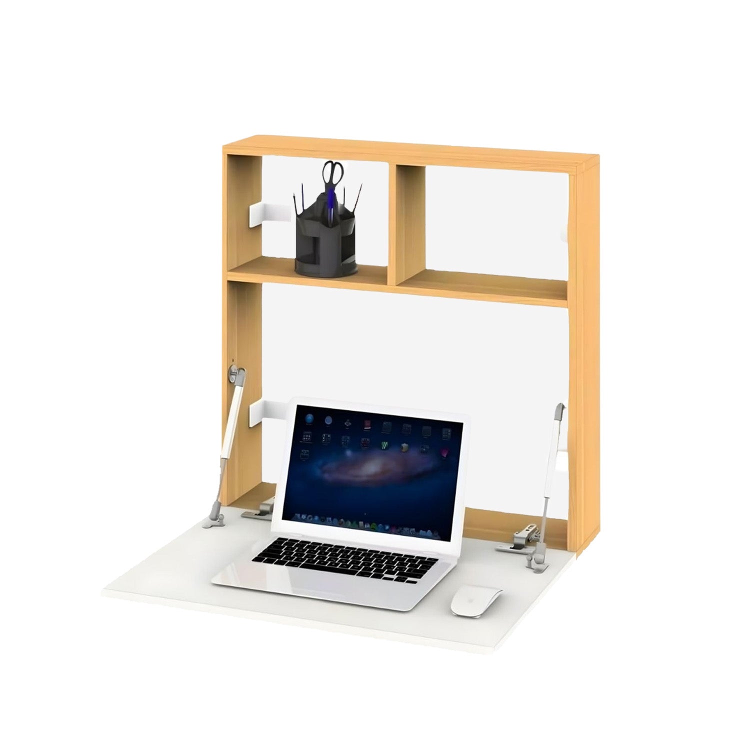 Scrivania da Parete con Ripiano Ribaltabile e 2 Scaffali Integrati 63x15x63cm
