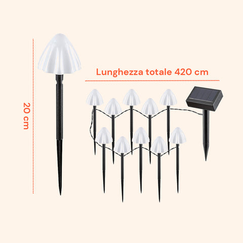 Luci Solari a Fungo da Esterno – Set 12 Segnapasso con Pannello Solare e LED Caldi