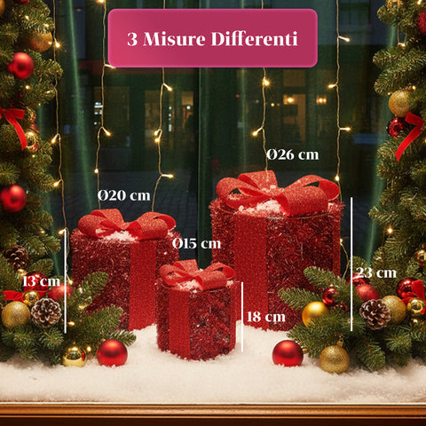 Set 3 Pacchetti Regalo Decorativi – Forme Rotonde o Quadrate con Nastro Colorato e Luci LED