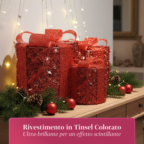 Set 3 Pacchetti Regalo Decorativi – Forme Rotonde o Quadrate con Nastro Colorato e Luci LED