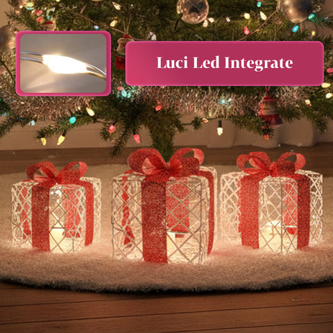 Set 3 Pacchetti Regalo Decorativi – Forme Rotonde o Quadrate con Nastro Colorato e Luci LED