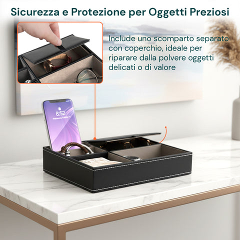 Vassoio Organizer da Ingresso – 5 Scomparti in Similpelle con Coperchio