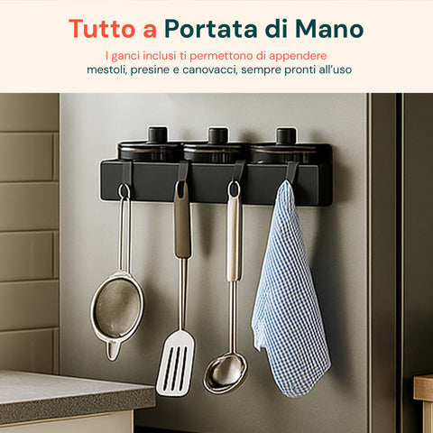 Set 3 Organizer Magnetico Cucina: Porta Spezie, Barattoli e Porta Rotolo Senza Fori