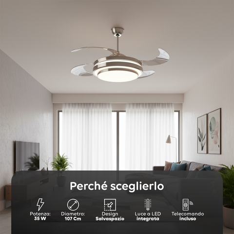 Ventilatore Da Soffitto 4 Pale A Scomparsa Con Luce E Telecomando 35w