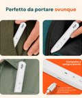 Dispositivo Avilia portatile mostrato in diverse situazioni d'uso: in tasca, zaino e con ricarica USB-C, compatto e sempre pronto all'uso