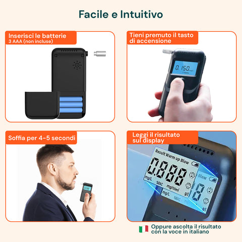 Etilometro digitale con istruzioni d'uso: inserimento batterie, test del respiro, lettura risultati su display LCD con voce italiana