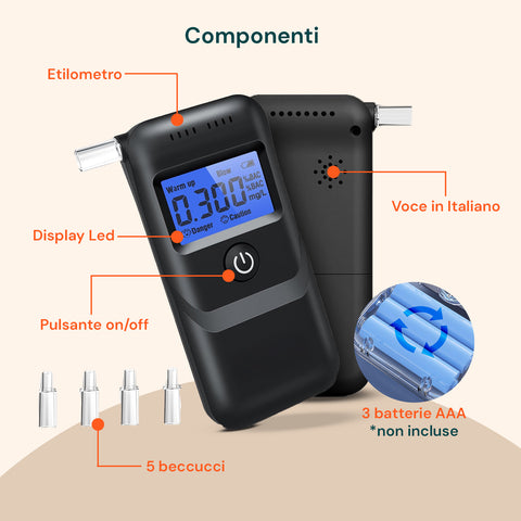 Etilometro digitale con componenti evidenziati: display LCD, pulsante on/off, voce italiana, 5 boccagli e batterie AAA