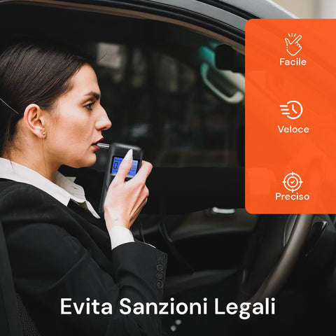 Donna che utilizza etilometro portatile in auto, alcol test rapido e facile con display digitale per sicurezza stradale