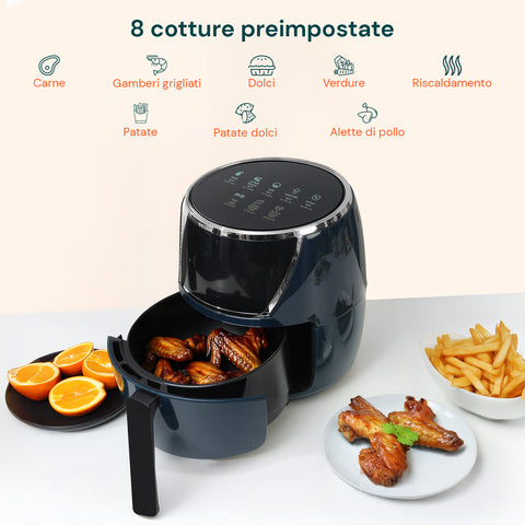 5 l-es, 1500 W-os forrólevegős fritőz 80-200 °C-os hőmérséklettel, időzítővel és LED-kijelzővel