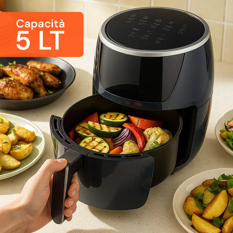 5 l-es, 1500 W-os forrólevegős fritőz 80-200 °C-os hőmérséklettel, időzítővel és LED-kijelzővel