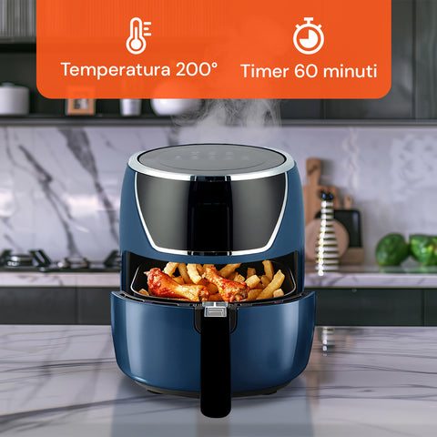 5 l-es, 1500 W-os forrólevegős fritőz 80-200 °C-os hőmérséklettel, időzítővel és LED-kijelzővel