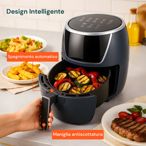 5 l-es, 1500 W-os forrólevegős fritőz 80-200 °C-os hőmérséklettel, időzítővel és LED-kijelzővel