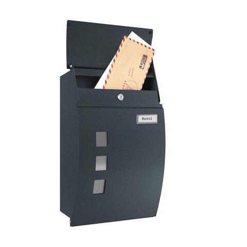 Modern, falra szerelhető rozsdamentes acél postaláda névtartó ablakkal és 2 kulccsal