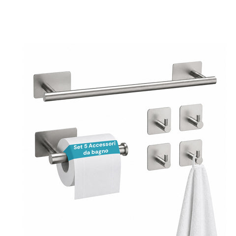 Set 5 Accessori Bagno Adesivi Neri in Acciaio Inox con Porta Rotolo e Ganci