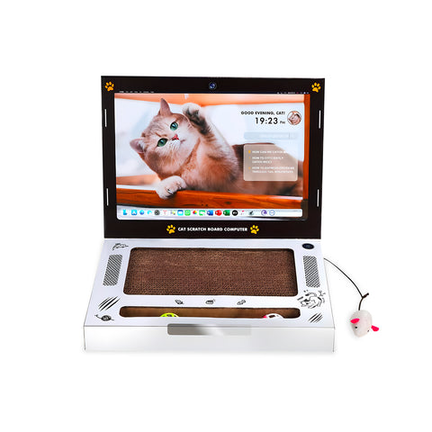 Interaktív, laptop formájú kaparófa macskáknak, játékokkal