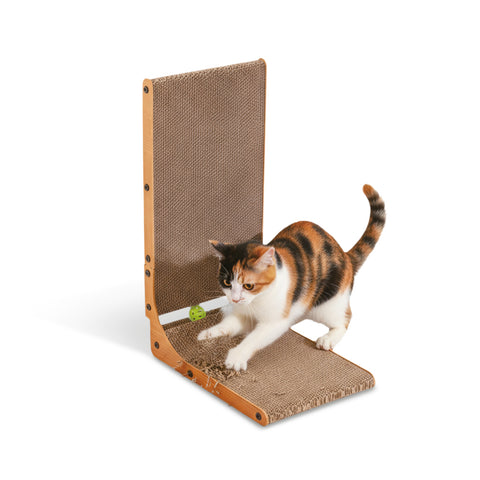 Tiragraffi per Gatti a Forma di L 68 cm in Carta Ondulata e MDF con Gioco a Pallina