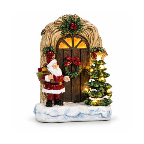 Babbo Natale luminoso a batteria con porta e alberello H19 cm