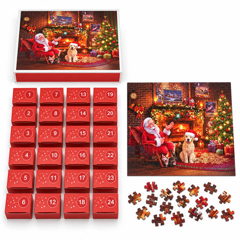 Adventi naptár 1008 összeállítandó puzzle-darabbal 24 napra, karácsonyi jelenet Mikulással és kutyával, végső puzzle mérete 70x50 cm