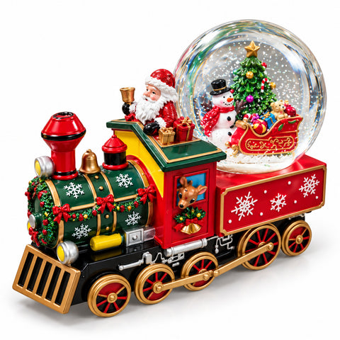 saint joy carillon locomotiva natalizia con sfera di neve in vetro babbo natale sul treno a carica meccanica dimensioni 22x13x175 cm ean 8056819081053