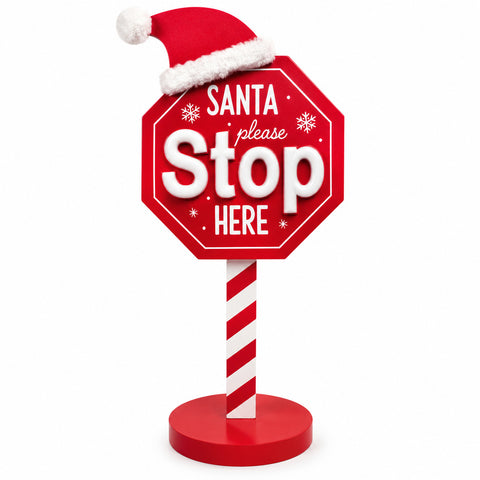 Világító „Santa Stop Here” tábla, 51 cm, LED-es karácsonyi dekoráció