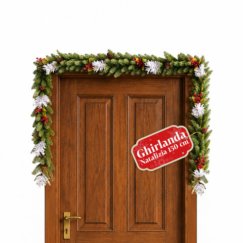 Festone Natalizio 150 cm con Pigne e Bacche Rosse, Rami Modellabili