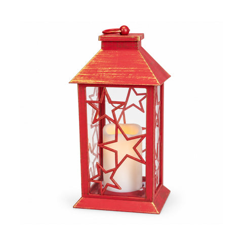 30 cm-es piros LED-es karácsonyi lámpás, lánghatású gyertyával, felakasztható vagy leállítható, 14x14x30 cm, 2 választható díszítéssel: csillagok vagy hópelyhek