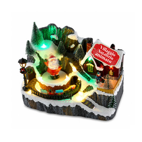 LitVille Villaggio di Natale Illuminato LED con Trenino in Movimento e Babbo Natale Rotante, 8 Melodie Natalizie, 23x15x18 cm, a Batteria