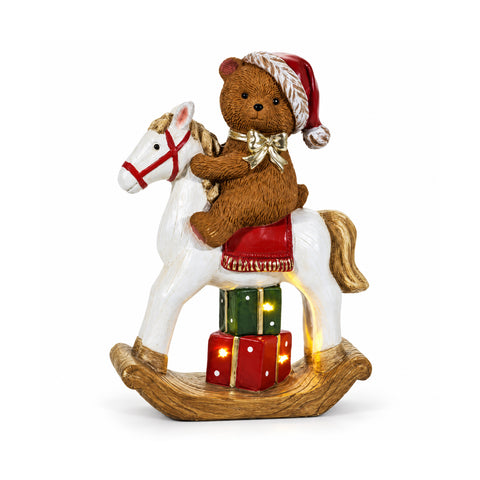 Világító hintalovon ülő medve LED-del, dekoráció, H40 cm