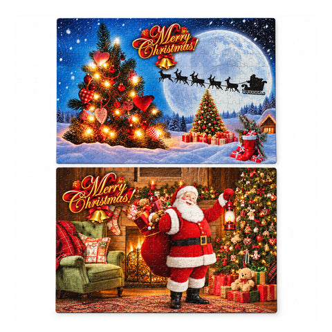 300 darabos karácsonyi puzzle, 2 féle véletlenszerűen küldött mintával, ünnepi dekorációkkal díszített karácsonyi jelenet, papírból, mérete 52,5x36,7 cm