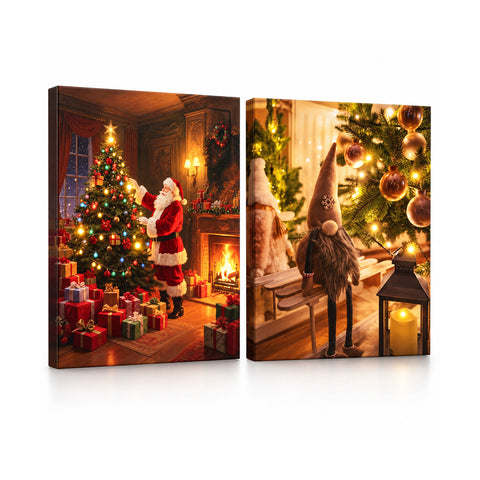 Quadri natalizi con luci LED in set da 2, 30x40 cm: Babbo Natale, renne, gnomo e alberi che si illuminano, a batteria con interruttore